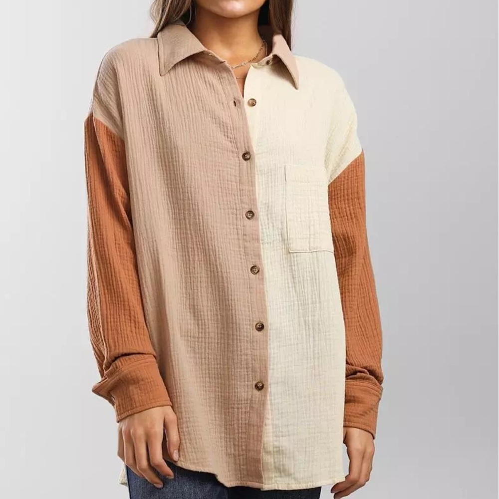 Buckle ACOA slub cotton contrast sleeve button up oversized top size XS